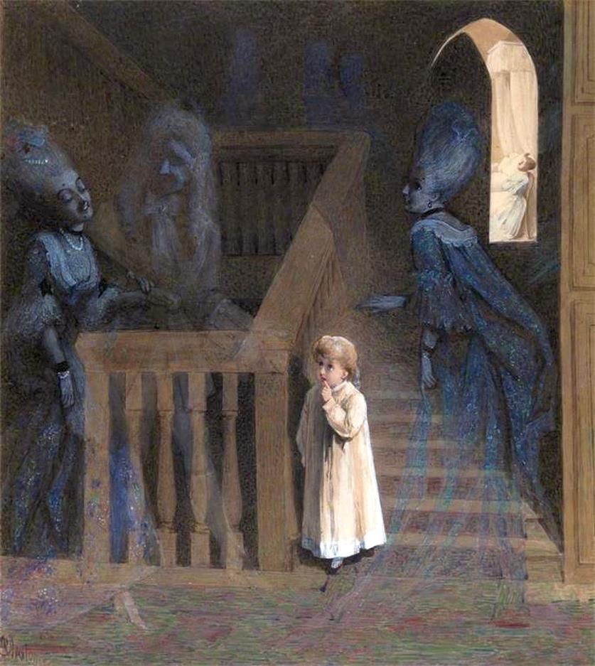 A child sees a ghostly party in a haunted house in The Party on the Stairs, 1875, by Adelaide Claxton.