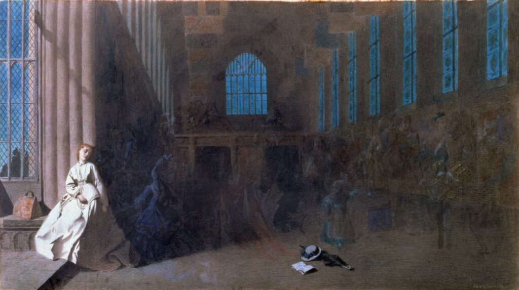 Ghostly figures haunt Hampton Court in "Dreams of the Past," 1868, by Adelaide Claxton.