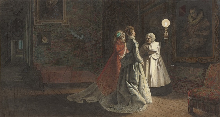 A ghostly figure haunts his own house tour in "An unexpected addition to the guided tour," 1875, by Adelaide Claxton.