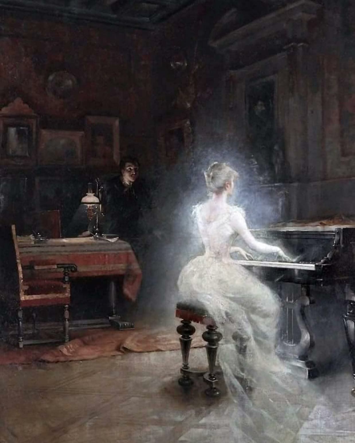A ghostly woman hauntingly plays a piano in George Roux's Spirit, 1885.