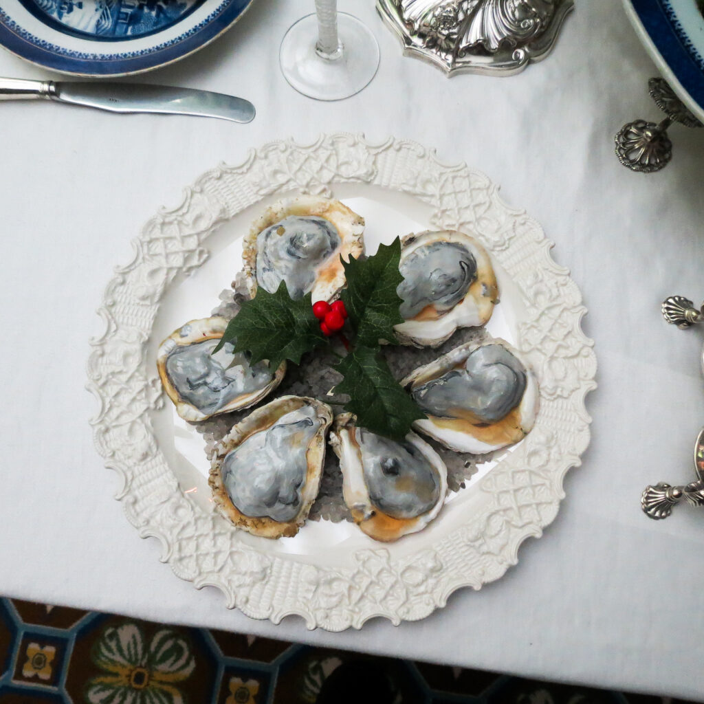 Oysters on the Half Shell. A plate of raw oysters at the holiday table.
2025.