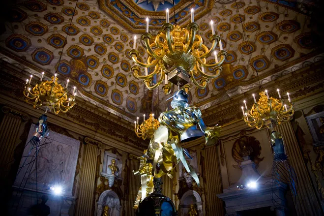 Boudicca's 'Dresses the colour of time' installation at Kensington palace, featuring a series of sculptural dresses, hanging from the chandeliers
(Image credit: Wildworks and HRP)