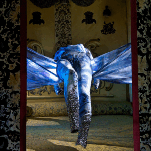 The Dress of Tears suspended above Queen Mary II’s bed in the Room of Royal Sorrows, an immersive art installation using fashion to convey grief and royal history in a historic space.