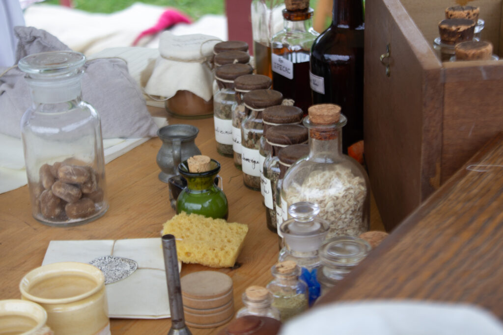 Bottled herbal ingredients at the flying hospital, Fort Ticonderoga, Ticonderoga, NY. 2026.
