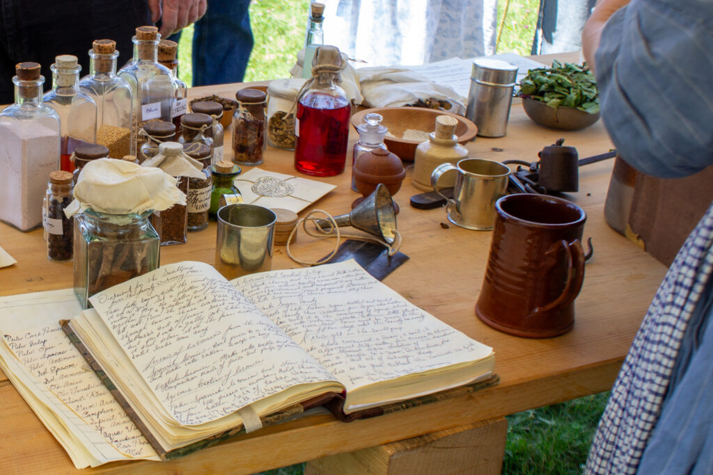 Medicine reference and herbal components at the flying hospital, Fort Ticonderoga, Ticonderoga, NY. 2026.