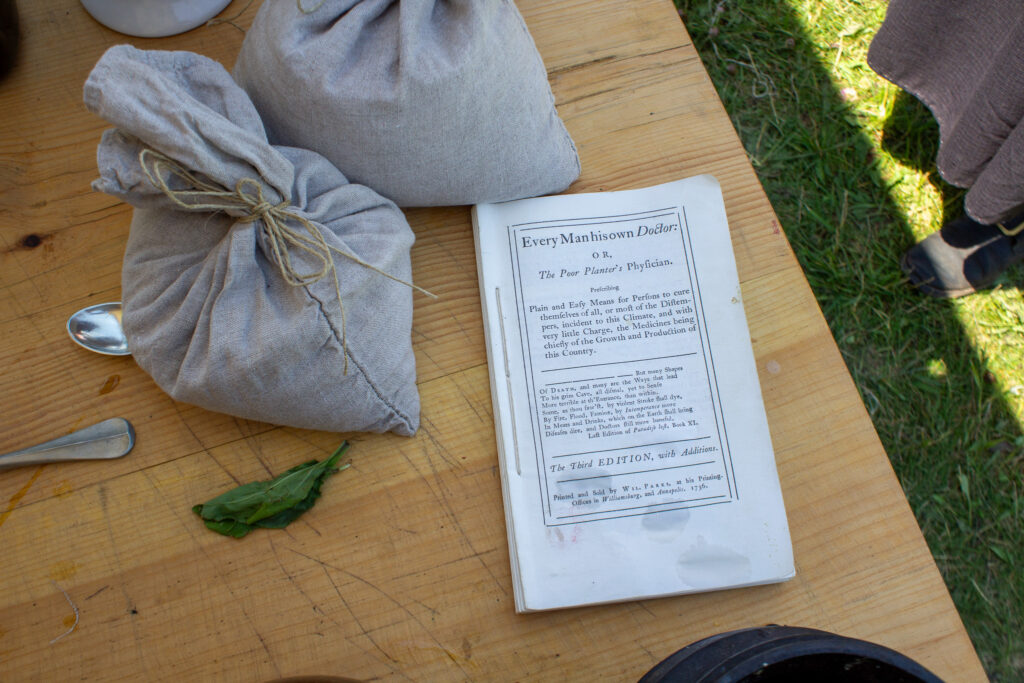 Medicine reference "Every man his own doctor, or, The poor planter's physician" at the flying hospital, Fort Ticonderoga, Ticonderoga, NY. 2026.