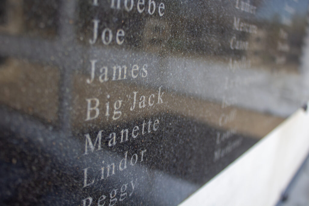 Detail of the Allées Gwendolyn Midlo Hall Memorial at Whitney Plantation in Wallace, LA. 2026.