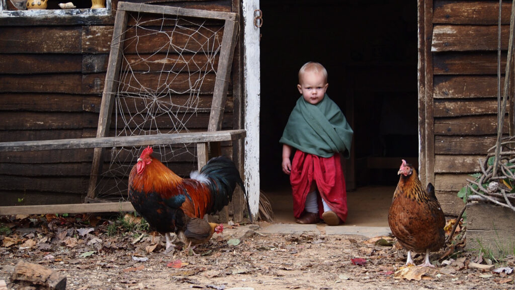 Young Justice in the farmhouse door, with two chickens, at Claude Moore Colonial Farm, McLean, VA. 2018.